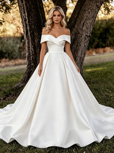White Satin Off the Shoulder Wedding Dress