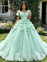 Green Tulle Straps 3D Flower Quinceanera Dress
