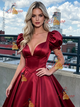 Burgundy Satin Puff Sleeve Prom Dress
