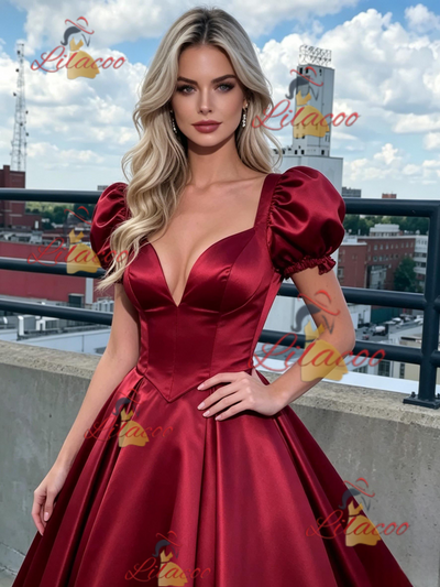 Burgundy Satin Puff Sleeve Prom Dress