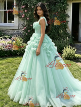 Green Tulle Straps 3D Flower Quinceanera Dress
