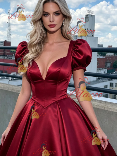 Burgundy Satin Puff Sleeve Prom Dress