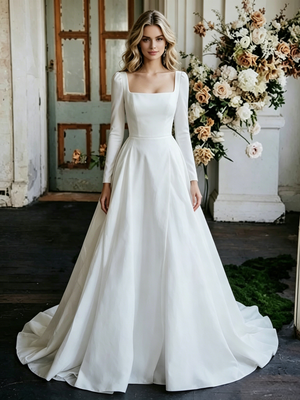 White Satin Long Sleeve Wedding Dress