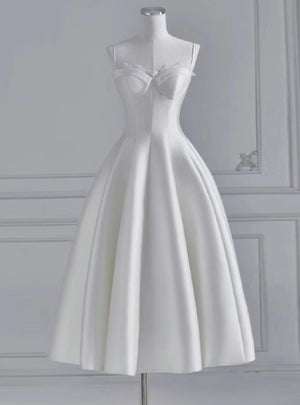 White Satin Spaghetti Straps Wedding Dress