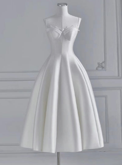 White Satin Spaghetti Straps Wedding Dress
