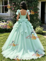 Green Tulle Straps 3D Flower Quinceanera Dress