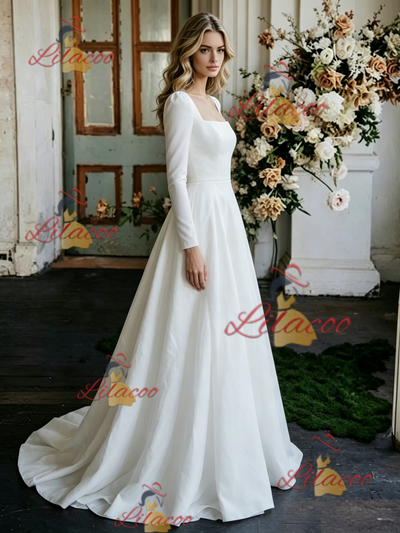 White Satin Long Sleeve Wedding Dress