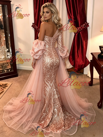 Pink Mermaid Sequins One Shoulder Prom Dress