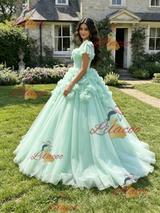 Green Tulle Straps 3D Flower Quinceanera Dress
