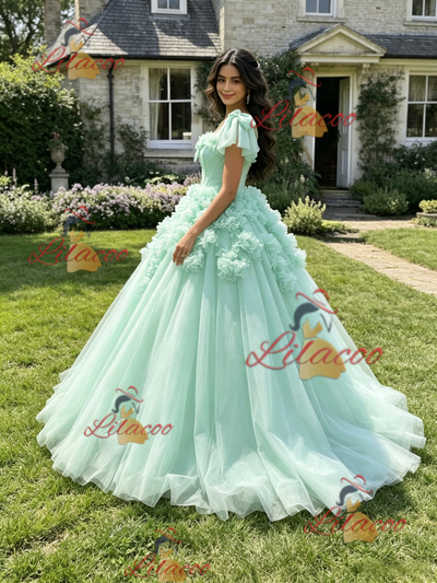 Green Tulle Straps 3D Flower Quinceanera Dress