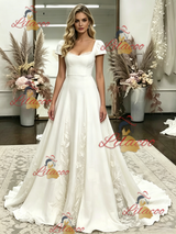 White Cap Sleeve Appliques Wedding Dress