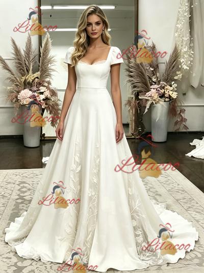 White Cap Sleeve Appliques Wedding Dress