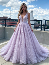 Purple Lace V-neck Prom Dress
