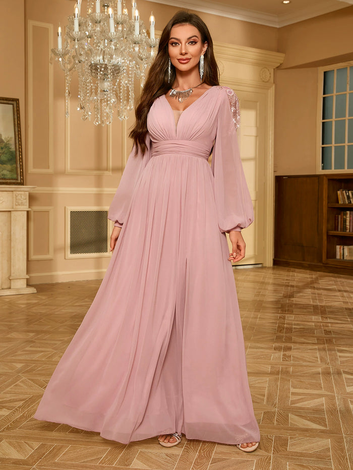 V-neck Bubble Sleeve Chiffon Evening Dress