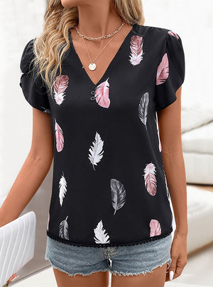 V-neck Feather Print Shirt