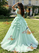 Green Tulle Straps 3D Flower Quinceanera Dress