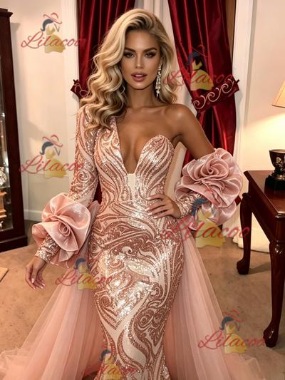 Pink Mermaid Sequins One Shoulder Prom Dress