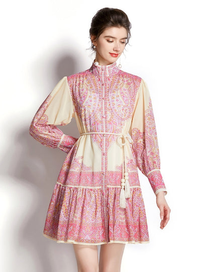 Long Sleeve Chiffon Print Short Dress