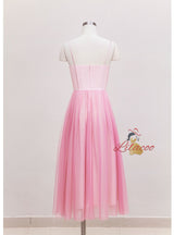 Pink Tulle Straps Pearls Prom Dress