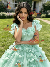 Green Tulle Straps 3D Flower Quinceanera Dress
