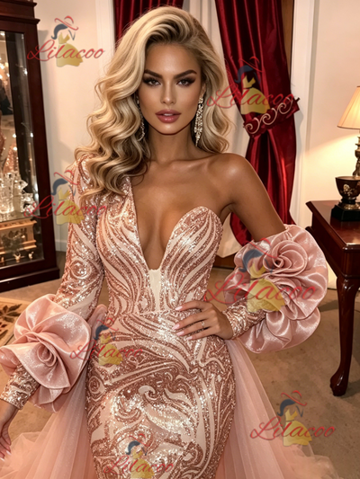 Pink Mermaid Sequins One Shoulder Prom Dress