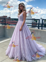Purple Lace V-neck Prom Dress