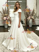 White Cap Sleeve Appliques Wedding Dress