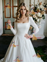 White Satin Long Sleeve Wedding Dress
