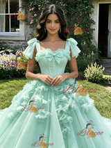 Green Tulle Straps 3D Flower Quinceanera Dress