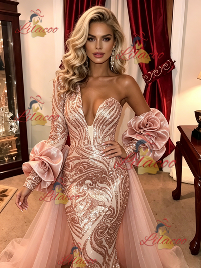 Pink Mermaid Sequins One Shoulder Prom Dress