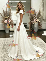 White Cap Sleeve Appliques Wedding Dress
