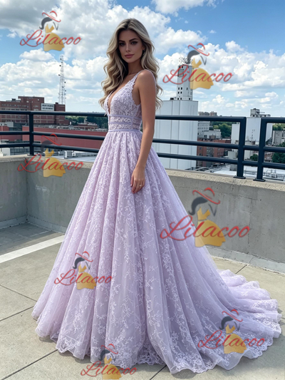Purple Lace V-neck Prom Dress