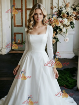White Satin Long Sleeve Wedding Dress