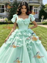 Green Tulle Straps 3D Flower Quinceanera Dress