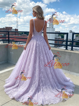 Purple Lace V-neck Prom Dress