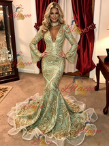 Green Mermaid Sequins Long Sleeve Prom Dress
