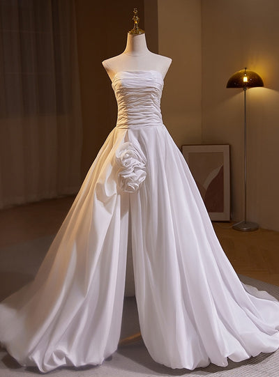White Satin Pleats Split Wedding Dress