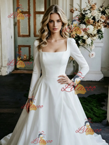 White Satin Long Sleeve Wedding Dress