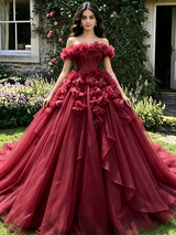 Burgundy Tulle Off the Shoulder Flower Quinceanera Dress