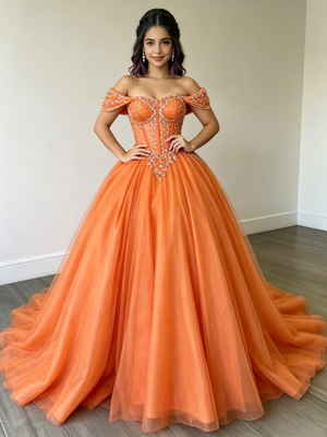 Orange Tulle Off the Shoulder Beading Quinceanera Dress