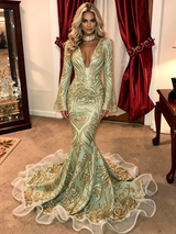 Green Mermaid Sequins Long Sleeve Prom Dress