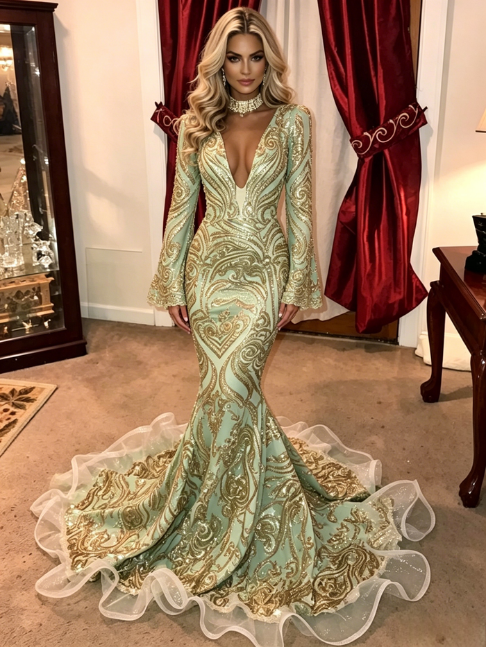 Green Mermaid Sequins Long Sleeve Prom Dress