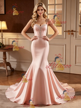 Pink Mermaid Satin Straps Beading Wedding Dress