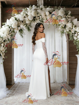 White Off the Shoulder Long Sleeve Split Wedding Dress