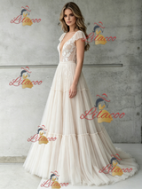 Ivory Tulle Lace V-neck Backless Wedding Dress