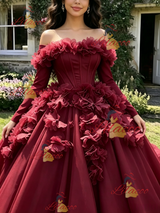 Burgundy Tulle Long Sleeve 3D Flower Quinceanera Dress