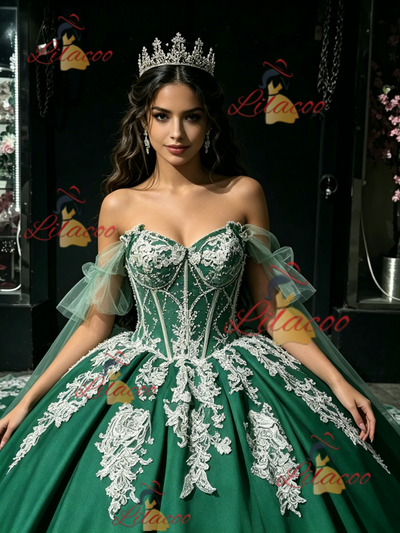 Green Satin Off the Shoulder Appliques Quinceanera Dress
