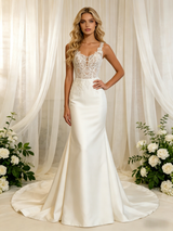 White Satin Lace Straps Wedding Dress