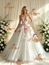 White Tulle Lace Straps 3D Appliques Wedding Dress