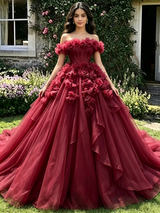 Burgundy Tulle Off the Shoulder Flower Quinceanera Dress